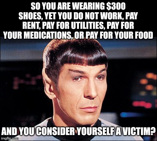 Sometimes, hearing something from an outside source really helps you understand how silly it is.... | SO YOU ARE WEARING $300 SHOES, YET YOU DO NOT WORK, PAY RENT, PAY FOR UTILITIES, PAY FOR YOUR MEDICATIONS, OR PAY FOR YOUR FOOD; AND YOU CONSIDER YOURSELF A VICTIM? | image tagged in condescending spock,facts,victims,political correctness,expectation vs reality,liberal logic | made w/ Imgflip meme maker