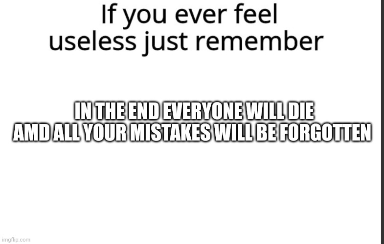 If you ever feel useless remember this | IN THE END EVERYONE WILL DIE AMD ALL YOUR MISTAKES WILL BE FORGOTTEN | image tagged in if you ever feel useless remember this | made w/ Imgflip meme maker