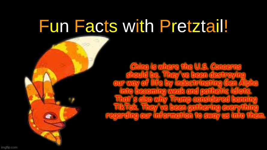 A little rant | China is where the U.S. Concerns should be. They've been destroying our way of life by indoctrinating Gen Alpha into becoming weak and pathetic idiots. That's also why Trump considered banning TikTok. They've been gathering everything regarding our information to sway us into them. | image tagged in fun facts with pretztail | made w/ Imgflip meme maker