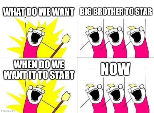What Do We Want | WHAT DO WE WANT; BIG BROTHER TO STAR; NOW; WHEN DO WE WANT IT TO START | image tagged in memes,what do we want | made w/ Imgflip meme maker