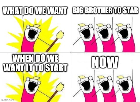 What Do We Want Meme | WHAT DO WE WANT; BIG BROTHER TO STAR; NOW; WHEN DO WE WANT IT TO START | image tagged in memes,what do we want | made w/ Imgflip meme maker