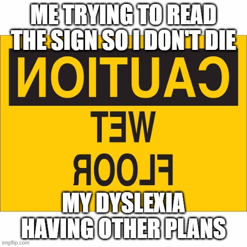 Wet Floor sign | ME TRYING TO READ THE SIGN SO I DON'T DIE; MY DYSLEXIA HAVING OTHER PLANS | image tagged in wet floor sign | made w/ Imgflip meme maker