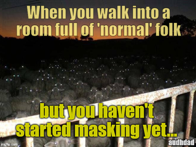 Rooms full of "normal" people... | image tagged in field of spooky judgemental sheep,memes,audhd,autism,masking,staring | made w/ Imgflip meme maker