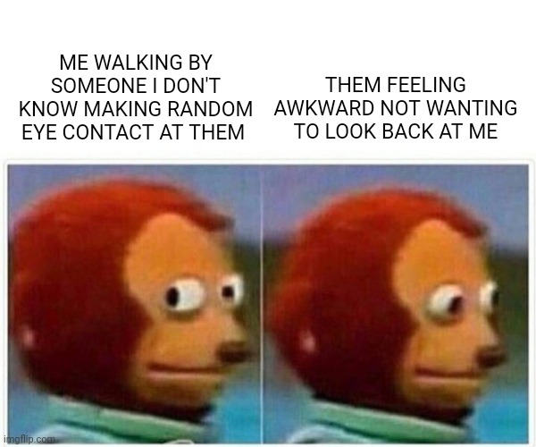 Awkward Moment between some stranger you walk past... | THEM FEELING AWKWARD NOT WANTING TO LOOK BACK AT ME; ME WALKING BY SOMEONE I DON'T KNOW MAKING RANDOM EYE CONTACT AT THEM | image tagged in memes,monkey puppet,awkward moment,real life,awkward,eye contact | made w/ Imgflip meme maker