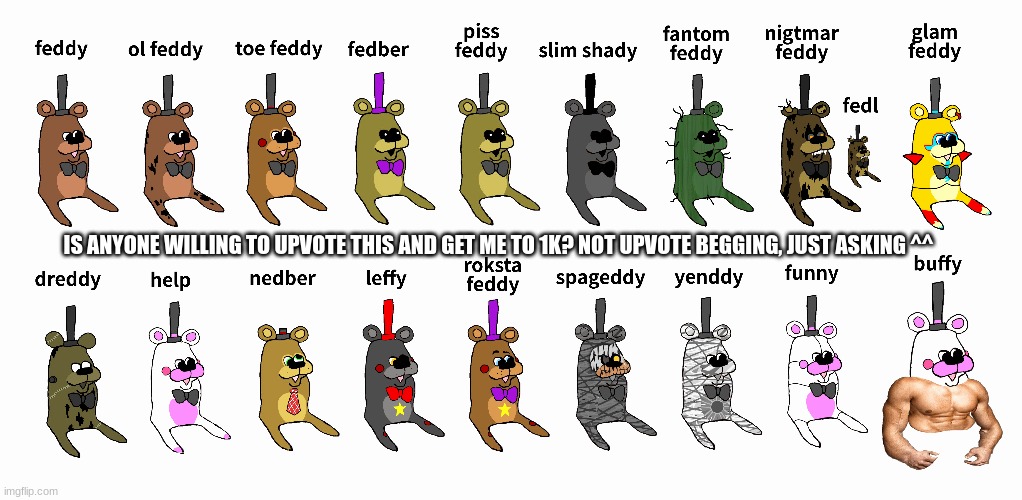 IS ANYONE WILLING TO UPVOTE THIS AND GET ME TO 1K? NOT UPVOTE BEGGING, JUST ASKING ^^ | image tagged in feddy,fnaf,five nights at freddys,five nights at freddy's | made w/ Imgflip meme maker