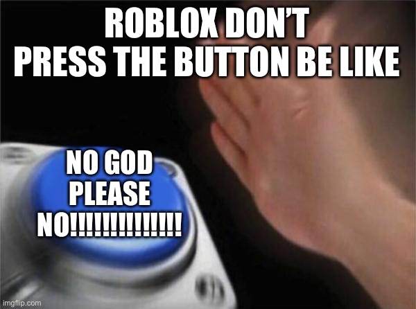 Blank Nut Button | ROBLOX DON’T PRESS THE BUTTON BE LIKE; NO GOD PLEASE NO!!!!!!!!!!!!!! | image tagged in memes,blank nut button | made w/ Imgflip meme maker