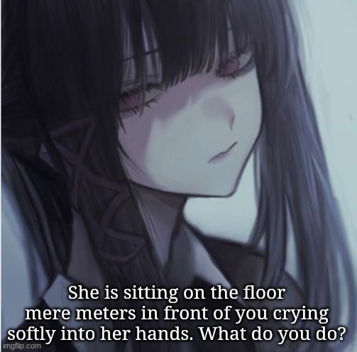 She never cries so this is abnormal | She is sitting on the floor mere meters in front of you crying softly into her hands. What do you do? | image tagged in roleplaying | made w/ Imgflip meme maker