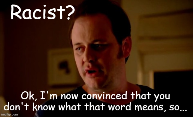 racist jake | Racist? Ok, I'm now convinced that you don't know what that word means, so... | image tagged in jake from state farm | made w/ Imgflip meme maker