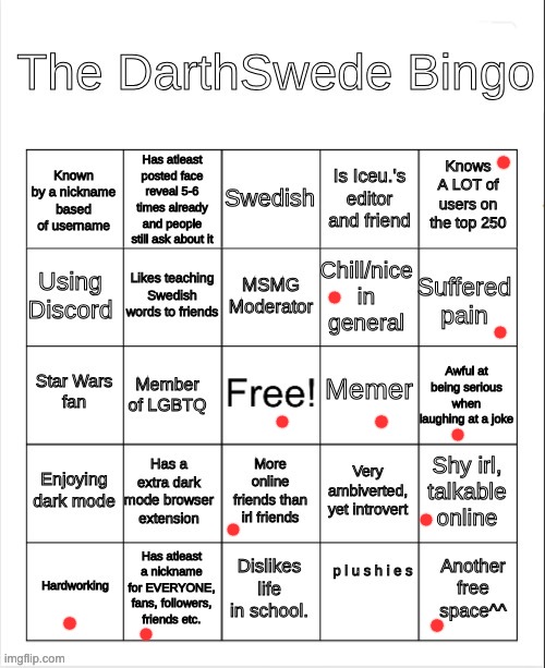 The DarthSwede Bingo | image tagged in the darthswede bingo | made w/ Imgflip meme maker