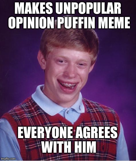 Bad Luck Brian Meme | MAKES UNPOPULAR OPINION PUFFIN MEME EVERYONE AGREES WITH HIM | image tagged in memes,bad luck brian,AdviceAnimals | made w/ Imgflip meme maker