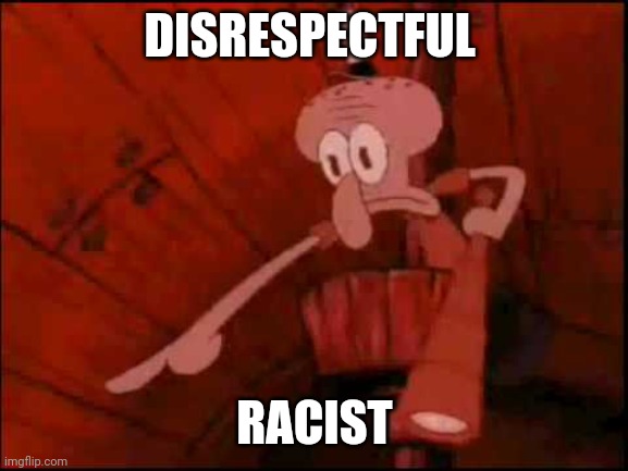 Squidward pointing | DISRESPECTFUL RACIST | image tagged in squidward pointing | made w/ Imgflip meme maker