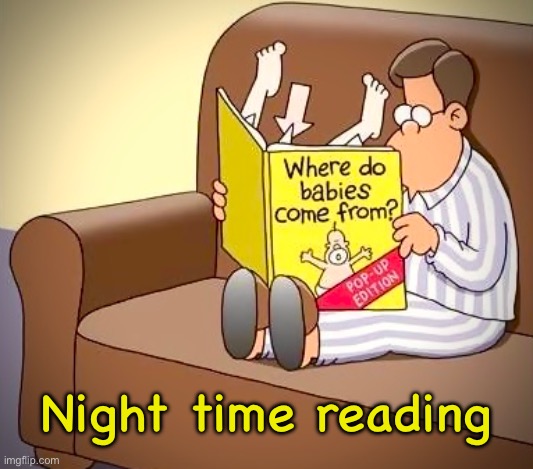 Reading | Night time reading | image tagged in babies from where,pop up,book,night time,reading,comics | made w/ Imgflip meme maker