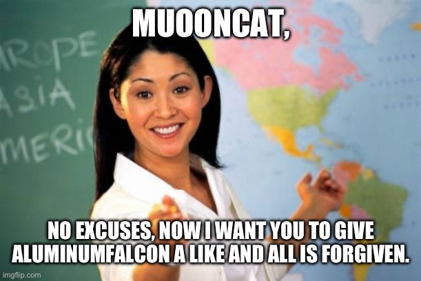 Unhelpful High School Teacher Meme | MUOONCAT, NO EXCUSES, NOW I WANT YOU TO GIVE ALUMINUMFALCON A LIKE AND ALL IS FORGIVEN. | image tagged in memes,unhelpful high school teacher | made w/ Imgflip meme maker