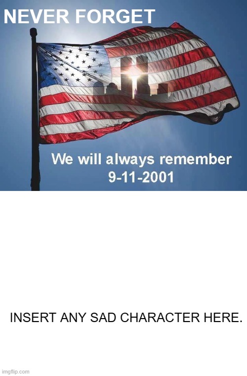 Who Remembers 9-11 | NEVER FORGET; INSERT ANY SAD CHARACTER HERE. | image tagged in neverforget,911,september11,september112001,wewillalwaysremember | made w/ Imgflip meme maker