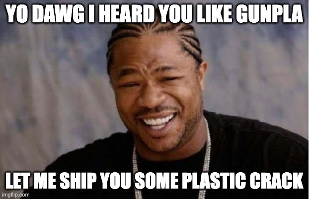 Yo Dawg Heard You Meme | YO DAWG I HEARD YOU LIKE GUNPLA; LET ME SHIP YOU SOME PLASTIC CRACK | image tagged in memes,yo dawg heard you | made w/ Imgflip meme maker