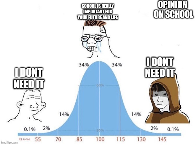 If you read this then you must neck your self. | OPINION 
ON SCHOOL; SCHOOL IS REALLY IMPORTANT FOR YOUR FUTURE AND LIFE; I DONT NEED IT; I DONT NEED IT | image tagged in bell curve | made w/ Imgflip meme maker