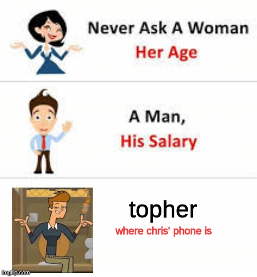 Never ask a woman her age | topher; where chris' phone is | image tagged in never ask a woman her age | made w/ Imgflip meme maker