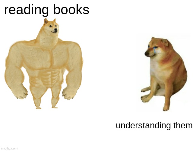 Buff Doge vs. Cheems | reading books; understanding them | image tagged in memes,buff doge vs cheems | made w/ Imgflip meme maker