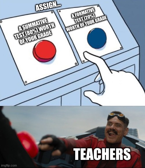 Robotnik Button | ASSIGN... A FORMATIVE TEST (20%) WORTH OF YOUR GRADE; A SUMMATIVE TEST (80%) WORTH OF YOUR GRADE; TEACHERS | image tagged in robotnik button | made w/ Imgflip meme maker