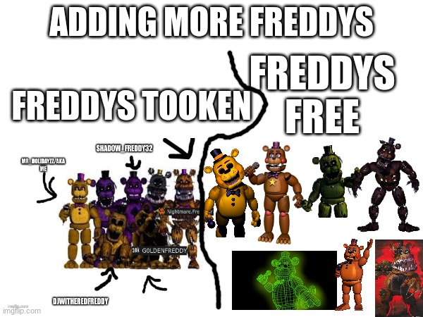 ADDING MORE FREDDYS FOR AVAILABLE SPOTS JOIN THE FAZBEAR GANG STREAM | ADDING MORE FREDDYS; FREDDYS FREE; FREDDYS TOOKEN | image tagged in fnaf,fnaflore,jointhefnaffazbeargang,fnaf4,fnaf_ | made w/ Imgflip meme maker