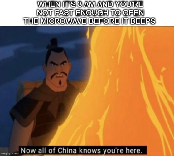Last meme before my internet gets cut because I was caught ? | WHEN IT'S 3 AM AND YOU'RE NOT FAST ENOUGH TO OPEN THE MICROWAVE BEFORE IT BEEPS | image tagged in now all of china knows you're here | made w/ Imgflip meme maker
