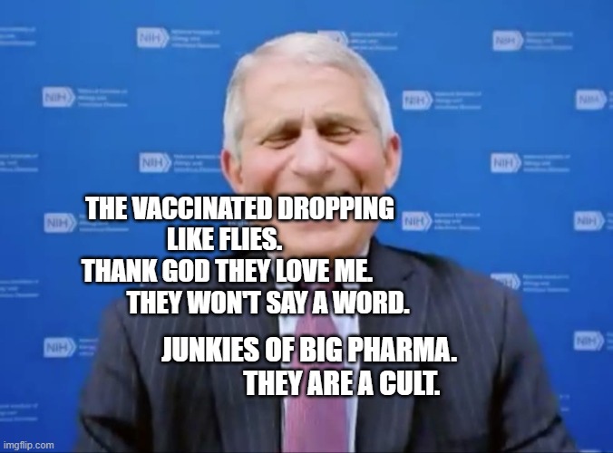 Fauci laughs at the suckers | THE VACCINATED DROPPING LIKE FLIES.      
     THANK GOD THEY LOVE ME.                      THEY WON'T SAY A WORD. JUNKIES OF BIG PHARMA.               THEY ARE A CULT. | image tagged in fauci laughs at the suckers | made w/ Imgflip meme maker