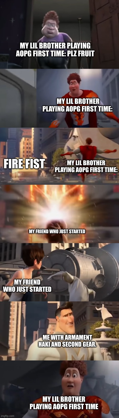 Snotty Boy Glow Up Meme extended | MY LIL BROTHER PLAYING AOPG FIRST TIME: PLZ FRUIT; MY LIL BROTHER PLAYING AOPG FIRST TIME:; FIRE FIST; MY LIL BROTHER PLAYING AOPG FIRST TIME:; MY FRIEND WHO JUST STARTED; MY FRIEND WHO JUST STARTED; ME WITH ARMAMENT HAKI AND SECOND GEAR. MY LIL BROTHER PLAYING AOPG FIRST TIME | image tagged in snotty boy glow up meme extended | made w/ Imgflip meme maker
