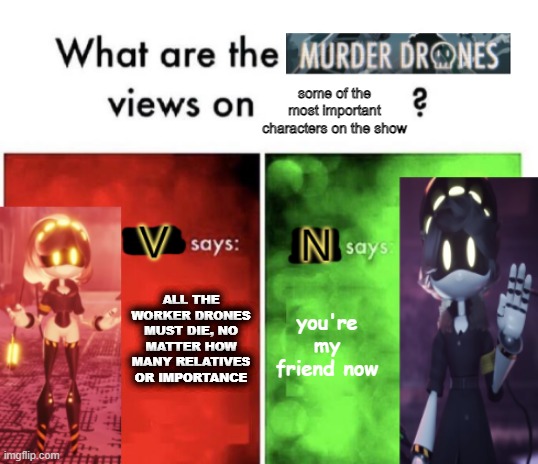 Murder Drones' views | some of the most important characters on the show; ALL THE WORKER DRONES MUST DIE, NO MATTER HOW MANY RELATIVES OR IMPORTANCE; you're my friend now | image tagged in murder drones' views | made w/ Imgflip meme maker