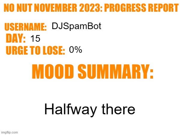 Day 15 | DJSpamBot; 15; 0%; Halfway there | image tagged in no nut november 2023 progress report,msmg | made w/ Imgflip meme maker