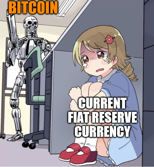 Anime Girl Hiding from Terminator | BITCOIN; CURRENT FIAT RESERVE CURRENCY | image tagged in anime girl hiding from terminator | made w/ Imgflip meme maker