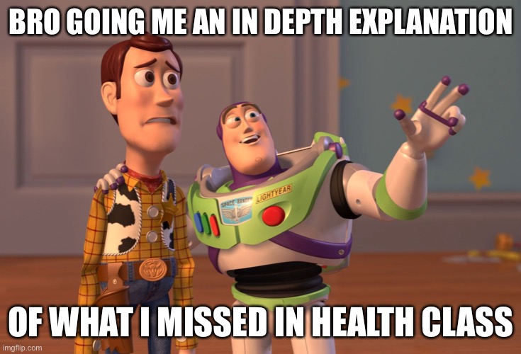 X, X Everywhere | BRO GOING ME AN IN DEPTH EXPLANATION; OF WHAT I MISSED IN HEALTH CLASS | image tagged in memes,x x everywhere | made w/ Imgflip meme maker