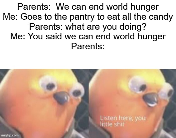 Listen here you little shit bird | Parents:  We can end world hunger
Me: Goes to the pantry to eat all the candy
Parents: what are you doing?
Me: You said we can end world hunger
Parents: | image tagged in listen here you little shit bird | made w/ Imgflip meme maker