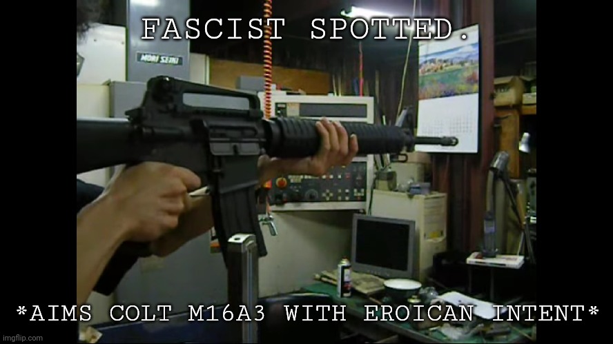 Colt M16A3 Aiming | FASCIST SPOTTED. *AIMS COLT M16A3 WITH EROICAN INTENT* | image tagged in colt m16a3 aiming | made w/ Imgflip meme maker