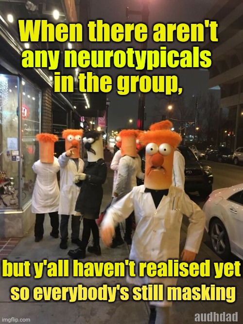 No neurotypicals in the group | When there aren't; any neurotypicals; in the group, but y'all haven't realised yet; so everybody's still masking; audhdad | image tagged in everybody muppet masking,masking,neurotypical,adhd,audhd,memes | made w/ Imgflip meme maker
