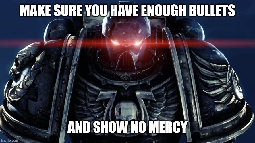 Space Marines | MAKE SURE YOU HAVE ENOUGH BULLETS AND SHOW NO MERCY | image tagged in space marines | made w/ Imgflip meme maker