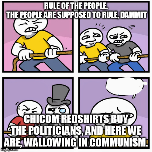 ARE U BLIND OR BLONDE | RULE OF THE PEOPLE.
 THE PEOPLE ARE SUPPOSED TO RULE, DAMMIT; CHICOM REDSHIRTS BUY THE POLITICIANS, AND HERE WE ARE, WALLOWING IN COMMUNISM. | image tagged in tug of war | made w/ Imgflip meme maker