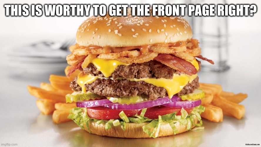 Burger | THIS IS WORTHY TO GET THE FRONT PAGE RIGHT? | image tagged in burger fries | made w/ Imgflip meme maker