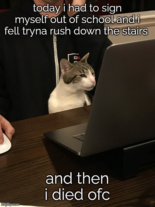 stare | today i had to sign myself out of school and i fell tryna rush down the stairs; and then i died ofc | image tagged in stare | made w/ Imgflip meme maker