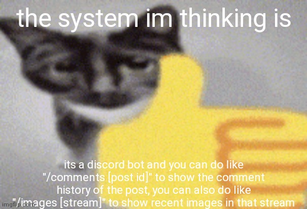 thumbs up cat | the system im thinking is; its a discord bot and you can do like "/comments [post id]" to show the comment history of the post, you can also do like "/images [stream]" to show recent images in that stream | image tagged in thumbs up cat | made w/ Imgflip meme maker