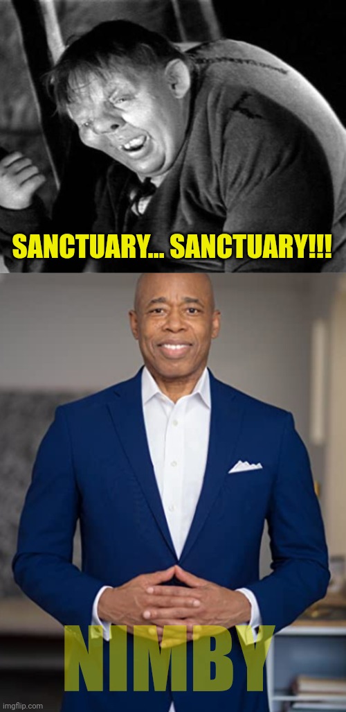 When Virtue-signaling comes home to roost... Literally! | SANCTUARY... SANCTUARY!!! NIMBY | image tagged in hunchback,eric adams | made w/ Imgflip meme maker