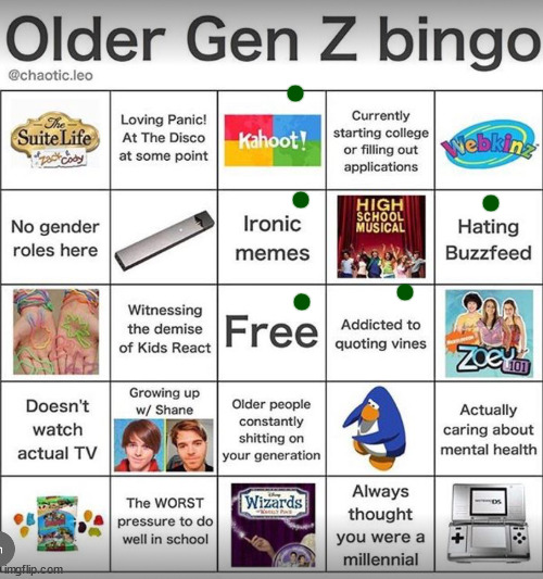 born in 2009, idk if that counts | image tagged in older gen z bingo | made w/ Imgflip meme maker
