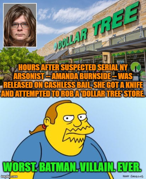 Yes, revolving door cashless bail is definitely the way to run Dem Party controlled cities. | HOURS AFTER SUSPECTED SERIAL NY ARSONIST -- AMANDA BURNSIDE -- WAS RELEASED ON CASHLESS BAIL, SHE GOT A KNIFE AND ATTEMPTED TO ROB A 'DOLLAR TREE' STORE. WORST. BATMAN. VILLAIN. EVER. | image tagged in truth | made w/ Imgflip meme maker