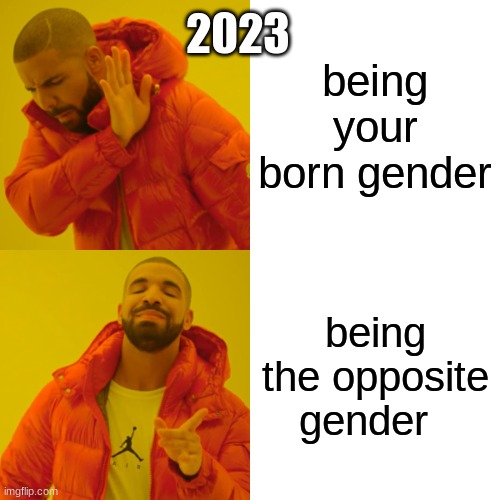 teenagers in 2023 | 2023; being your born gender; being the opposite gender | image tagged in memes,drake hotline bling | made w/ Imgflip meme maker