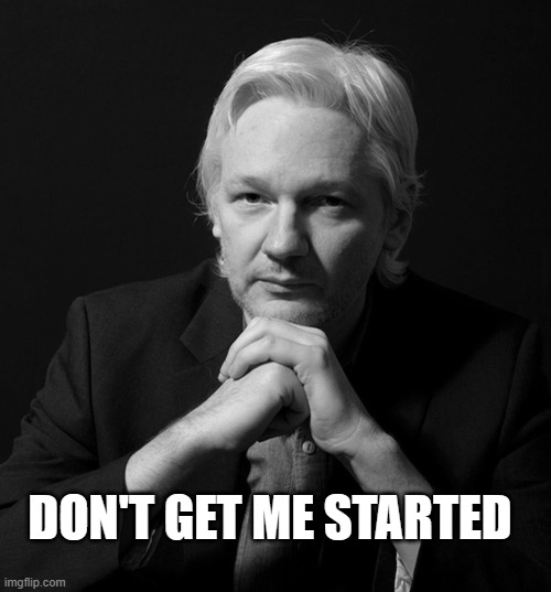 Julian Assange Nike | DON'T GET ME STARTED | image tagged in julian assange nike | made w/ Imgflip meme maker