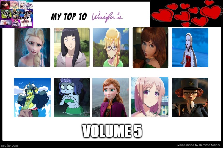top 10 waifus volume 5 | VOLUME 5 | image tagged in top 10 waifus,waifu,frozen,cuphead,naruto,dreamworks | made w/ Imgflip meme maker