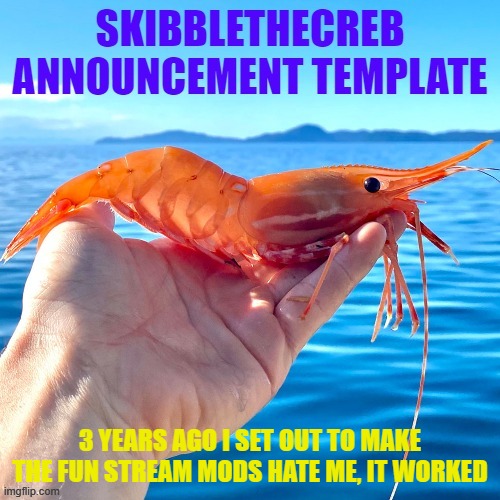 3 YEARS AGO I SET OUT TO MAKE THE FUN STREAM MODS HATE ME, IT WORKED | image tagged in skibblethecreb announcement template | made w/ Imgflip meme maker