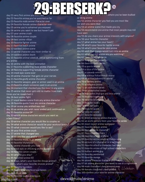i'm not sure what i would put here | 29:BERSERK? | image tagged in 100 day anime challenge | made w/ Imgflip meme maker