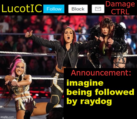 . | imagine being followed by raydog | image tagged in lucotic's damage ctrl announcement temp | made w/ Imgflip meme maker