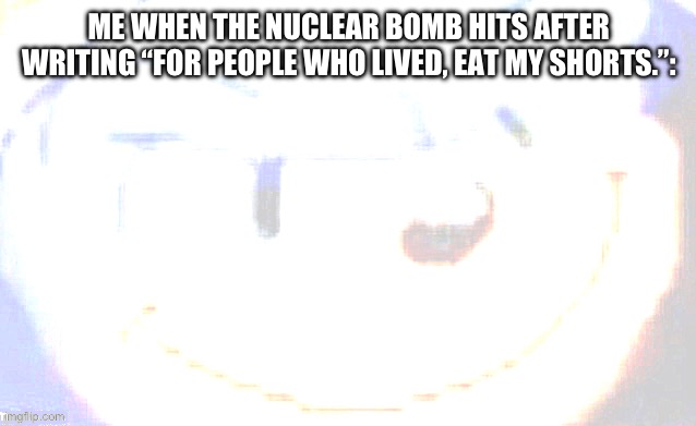 Sonic smile | ME WHEN THE NUCLEAR BOMB HITS AFTER WRITING “FOR PEOPLE WHO LIVED, EAT MY SHORTS.”: | image tagged in sonic smile | made w/ Imgflip meme maker