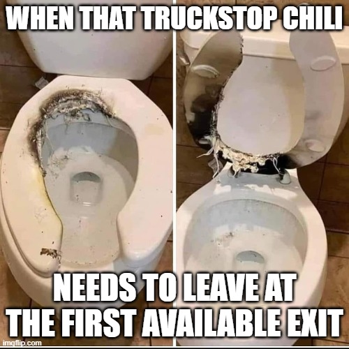 roasted toilet | WHEN THAT TRUCKSTOP CHILI; NEEDS TO LEAVE AT THE FIRST AVAILABLE EXIT | image tagged in roasted toilet | made w/ Imgflip meme maker